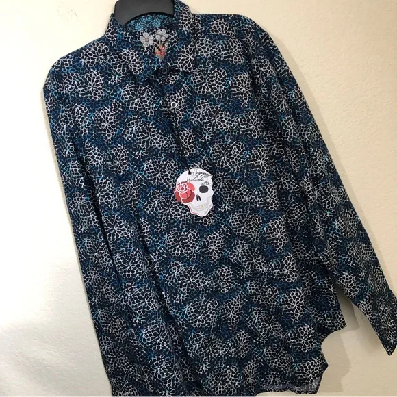 ROBERT GRAHAM Large Baltic Long Sleeve Shirt Flip Cuff Navy Floral Geometric NWT - Picture 3 of 13